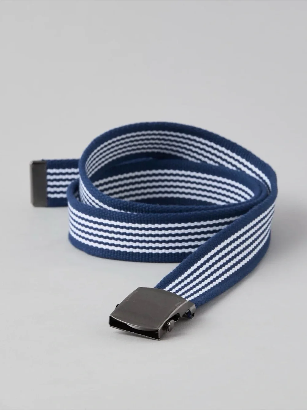 American Eagle Outfitters Navy and White Striped Webbing Belt with Metal Buckle